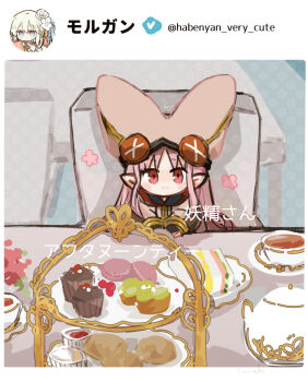 blue_checkmark blush_stickers cup cupcake fate/grand_order fate_(series) food habetrot_(fate) hat highres long_hair macaron morgan_le_fay_(fate) morgan_le_fay_(water_princess)_(fate) pink_eyes pink_hair pointy_ears shio_kuzumochi tea tea_party teacup teapot tweet