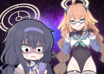 &gt;:) 2girls :q @_@ ahoge aqua_neckerchief black_eyes black_gloves black_hair black_leotard black_outline blue_archive blue_eyes blue_shirt blunt_bangs blush braid breasts chibi chibi_inset closed_mouth commentary_request covered_navel cowboy_shot cropped_shirt crossed_bangs evil_smile eyes_visible_through_hair feather_hair frilled_thigh_strap glasses gloves groin hair_between_eyes half_gloves halo hands_up highleg highleg_leotard holding holding_phone holding_riding_crop impossible_clothes impossible_leotard large_breasts leotard long_hair long_sleeves looking_at_phone looking_at_viewer low_twintails multiple_girls neckerchief official_alternate_costume official_alternate_hairstyle open_mouth orange_hair outline partial_commentary phone riding_crop sailor_collar school_uniform semi-rimless_eyewear serafuku shaded_face shimiko_(blue_archive) shimiko_(magical)_(blue_archive) shirayume_(shirayumetei) shirt smile space surprised sweatdrop thigh_strap tongue tongue_out twin_braids twintails ui_(blue_archive) upper_body v-shaped_eyebrows very_long_hair white_sailor_collar wide-eyed yellow_halo