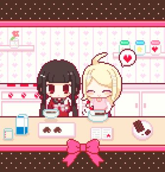Rule 34 | 2girls, :o, ^ ^, ahoge, akamatsu kaede, black sailor collar, blonde hair, blunt bangs, blush stickers, border, bow, brown border, brown hair, candy, chibi, chocolate, chocolate bar, chocolate heart, closed eyes, closed mouth, collared shirt, commentary request, cooking, cowboy shot, danganronpa (series), danganronpa v3: killing harmony, drink carton, expressionless, finger to cheek, flower, food, fortissimo, grey bow, hair ornament, hair scrunchie, hairclip, happy, harukawa maki, heart, heart-shaped food, holding, holding spatula, indoors, kae77p, kitchen, letterboxed, long hair, long sleeves, looking at viewer, low twintails, lowres, measuring cup, milk carton, miniskirt, mold, mole, mole under eye, motion lines, multiple girls, musical note, musical note hair ornament, necktie, orange necktie, parted lips, pink bow, pink flower, pink vest, pixel art, polka dot border, purple skirt, red eyes, red scrunchie, red shirt, sailor collar, school uniform, scrunchie, serafuku, shirt, skirt, smile, spatula, speech bubble, spoken heart, standing, stirring, stove, straight hair, twintails, v-neck, valentine, vase, very long hair, vest, white shirt, yuri