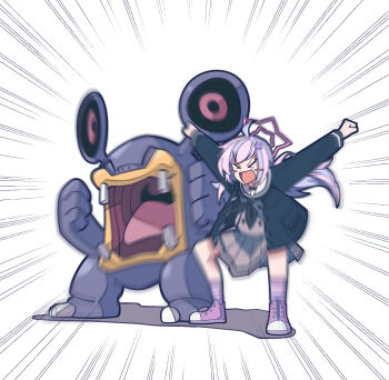 1girl absurdres ahoge arms_up black_neckerchief blue_archive clenched_hand facing_viewer gen_3_pokemon grey_skirt hair_ornament halo highres jacket long_hair long_sleeves loudred multicolored_hair neckerchief nintendo open_mouth pink_hair pokemon pokemon_(creature) purple_shoes purple_socks reisa_(blue_archive) shoes shouting skirt socks star_(symbol) star_hair_ornament star_halo toucho3691 two-tone_hair white_background