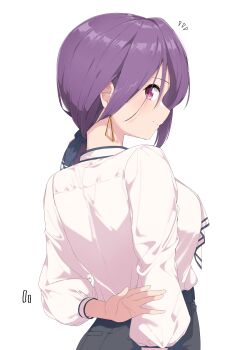 Rule 34 | 1girl, absurdres, earrings, from behind, hair ribbon, highres, jewelry, long hair, long sleeves, looking at viewer, looking back, nerukichikatafukuma, purple eyes, purple hair, ribbon, shirt, simple background, smile, solo, triangle earrings, tsurugi ryoka, umamusume, white background, white shirt