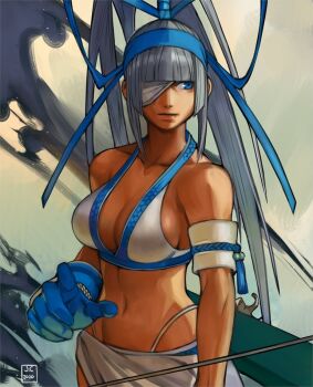 1girl armband bikini blue_eyes blue_gloves blue_ribbon blunt_bangs bow_(weapon) breasts cleavage cowboy_shot dark-skinned_female dark_skin eyepatch gloves hair_ribbon high_ponytail holding holding_bow_(weapon) holding_weapon large_breasts long_hair majikina_mina navel overlord_jc ponytail quiver ribbon samurai_spirits sarong snk solo swimsuit very_long_hair weapon white_bikini white_hair white_sarong