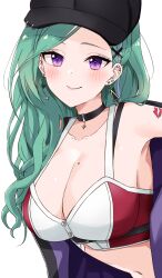 Rule 34 | 1girl, bare shoulders, belt, black belt, black collar, black hat, black jacket, blush, breasts, cleavage, collar, crop top, ear piercing, earrings, green hair, hair behind ear, hair between eyes, hair ornament, hat, highres, jacket, jewelry, keikesu, large breasts, long hair, looking at viewer, midriff, mole, mole on breast, navel, off shoulder, open clothes, open jacket, open mouth, pants, pierced hat, piercing, purple eyes, red bustier, red nails, shoulder tattoo, simple background, smile, solo, tattoo, two-sided fabric, two-sided jacket, underbust, upper body, virtual youtuber, vspo!, wavy hair, white background, white bustier, x hair ornament, yakumo beni, yakumo beni (4th costume)
