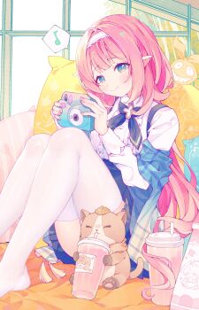 1girl absurdres animal blue_eyes blue_skirt blush camera can_(honkai_impact) cat chinese_commentary closed_mouth collared_shirt commentary_request cup disposable_cup drinking_straw eighth_note elf elysia_(coco)_(honkai_impact) elysia_(honkai_impact) elysia_(miss_pink_elf)_(honkai_impact) frills hairband highres holding holding_camera holding_cup homu_(honkai_impact) honkai_(series) honkai_impact_3rd indoors kevin_kaslana knees_up long_hair long_sleeves looking_at_viewer musical_note nail_polish no_shoes pardofelis pillow pink_hair plaid pointy_ears shirt sitting skirt smile solo spoken_musical_note suspenders thighhighs very_long_hair white_hairband white_shirt white_thighhighs window xianyuzi