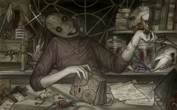 1girl arm_tattoo bird black_hair book bracelet candelabra candlestand chart counter cross disembodied_hand doll flesh glowing glowing_eyes heart highres holding holding_book holding_knife holding_weapon jar jewelry knife mask necklace occult_shopkeeper_(world_of_horror) paper red_eyes rug scissors shirt skull solo stocking_shelves stuffed_animal stuffed_toy tablecloth tattoo tentacles voodoo_doll weapon world_of_horror wuwuren