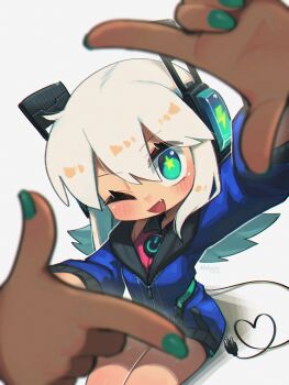 1girl ;d absurdres aqua_eyes aqua_nails bare_legs blue_jacket commentary digitan_(porforever) fang finger_frame grey_background hair_between_eyes heart heart_tail highres jacket light_blush lightning_bolt_symbol long_hair long_sleeves looking_at_viewer nail_polish one_eye_closed open_mouth original porforever power_symbol robot_ears simple_background sitting smile solo symbol-only_commentary symbol-shaped_pupils tail white_hair