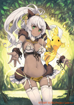 Rule 34 | 1girl, breasts, closed mouth, commentary request, copyright notice, dark-skinned female, dark skin, garter straps, keypot, long hair, looking at viewer, medium breasts, navel, official art, outstretched arms, ponytail, smile, solo, thighhighs, white garter straps, white hair, white thighhighs, wixoss