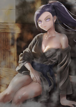 1girl absurdres black_robe breasts cleavage collarbone dragon_quest dragon_quest_xi edogawa_daifuku highres indoors long_hair looking_at_viewer martina_(dq11) onsen ponytail purple_eyes purple_hair robe robe_lift single_bare_shoulder single_off_shoulder sitting smile solo steam wet
