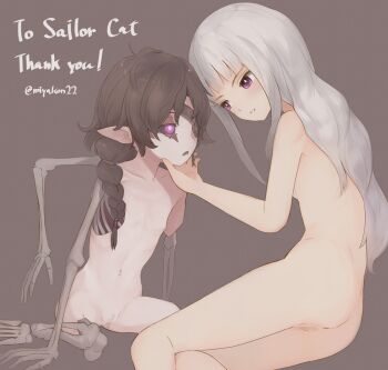 age_difference black_hair black_sclera bone braid breasts cartoon_bone censored colored_sclera commission commissioner_upload elf eyepatch flat_chest ilyana loli long_hair miyakon22 non-web_source onee-loli original pointy_ears single_braid skeb_commission skeletal_arm skeletal_hand stapled stapled_face undead valkrana very_long_hair white_hair yuri