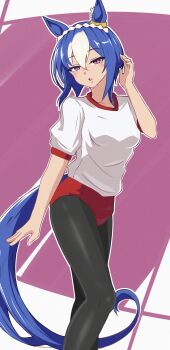 Rule 34 | 1girl, animal ears, black leggings, blue hair, blush, braid, breasts, buruma, cesario (umamusume), commentary request, crown braid, ear ornament, enukee, gym shirt, hair between eyes, highres, horse ears, horse girl, horse tail, leggings, looking at viewer, medium breasts, multicolored hair, parted lips, purple eyes, red buruma, shirt, short hair, short sleeves, solo, tail, tracen training uniform, umamusume, white hair, white shirt