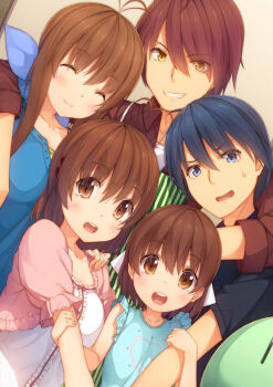 Rule 34 | 00s, 2boys, 3girls, blue hair, brown hair, clannad, dango daikazoku, dutch angle, family, family bonding, furukawa akio, furukawa nagisa, furukawa sanae, grin, happy, multiple boys, multiple girls, okazaki tomoya, okazaki ushio, red eyes, siva (executor), smile
