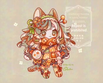 Rule 34 | 1girl, :3, animal ears, bag, blush, brown hair, cat ears, cat girl, cat tail, chibi, chibi only, closed mouth, commentary request, dated, dot nose, dress, full body, green hair, green hairband, grey background, hairband, long hair, long sleeves, looking at viewer, mochimura sorata, multicolored hair, orange scarf, original, scarf, signature, simple background, solo, standing, stuffed animal, stuffed rabbit, stuffed toy, tail, teddy bear, watermark, white hair, yellow dress