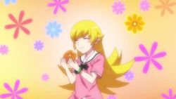 animated anime_screenshot blonde_hair donut dress eating food monogatari_(series) oshino_shinobu pink_dress solo tagme video yellow_eyes