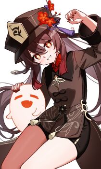 1girl =_= black_hat boo_tao_(genshin_impact) brown_hair chinese_clothes commentary_request cowboy_shot fang flower flower-shaped_pupils genshin_impact ghost grin hat hat_flower highres hobio hu_tao_(genshin_impact) long_hair open_mouth red_eyes red_flower red_nails simple_background smile symbol-shaped_pupils tailcoat white_background