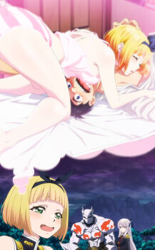 1boy 2girls absurdres anime_screenshot ass black_hair black_ribbon blonde_hair blue_eyes blush breasts camisole closed_eyes girl_on_top green_eyes hair_ribbon hairband headgear highres imagining large_breasts licking long_hair mato_seihei_no_slave multiple_girls open_clothes open_mouth open_shirt panties pink_panties red_eyes ribbon shirt short_hair sidelocks stitched striped_clothes striped_panties suruga_shushu third-party_edit tongue tongue_out underwear uzen_kyouka wakura_yuuki wakura_yuuki_(monster) white_camisole white_hair white_panties white_shirt