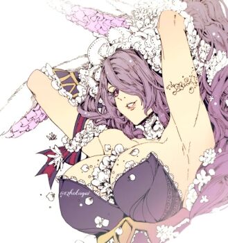 1girl armpits arms_up between_breasts breasts camilla_(fire_emblem) camilla_(spring_princess)_(fire_emblem) cleavage fire_emblem fire_emblem_fates fire_emblem_heroes flower frills hair_over_one_eye hotate_rayan large_breasts long_hair looking_at_viewer nintendo object_between_breasts one_eye_covered playboy_bunny purple_eyes purple_hair rabbit_ears solo wavy_hair