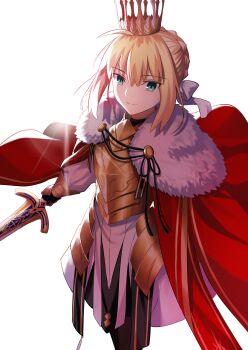 Rule 34 | 1girl, absurdres, ahoge, armor, artoria pendragon (fate), blonde hair, breastplate, breasts, cloak, commentary, crown, english commentary, fate/grand order, fate (series), fur-trimmed cloak, fur trim, gold armor, green eyes, highres, longdq3008, looking at viewer, lord logres (fate), medium hair, red cloak, small breasts, smile, solo, sword, weapon