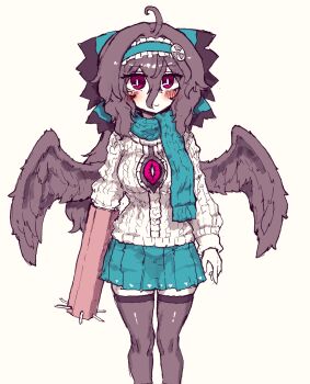 1girl absurdres adapted_costume ahoge arm_cannon bird_wings black_hair black_thighhighs black_wings blush bow bright_pupils closed_mouth green_bow green_scarf green_skirt hair_between_eyes hair_bow highres long_hair long_sleeves looking_at_viewer radiation_symbol rampa93 red_eyes reiuji_utsuho scarf simple_background skirt smile solo sweater thighhighs third_eye touhou weapon white_background white_pupils white_sweater wings winter_clothes
