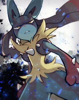 1other animal_ears animal_hands black_fur blue_fur body_fur closed_mouth confetti furry gen_4_pokemon grey_background highres looking_at_viewer lucario mega_lucario mega_pokemon multicolored_fur nintendo pokemon pokemon_(creature) red_fur simple_background solo spikes sstoh standing upper_body wolf_ears yellow_eyes yellow_fur