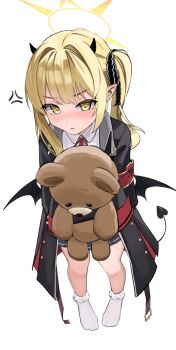 1girl :t absurdres anger_vein angry armband black_coat blonde_hair blue_archive blush closed_mouth coat collared_shirt commentary_request demon_girl demon_horns demon_tail demon_wings foreshortening from_above full_body hair_between_eyes hair_intakes halo highres holding holding_stuffed_toy horns ibuki_(blue_archive) kensiejan long_hair looking_at_viewer low_wings neck_ribbon no_headwear no_shoes open_clothes open_coat pointy_ears pout red_armband red_ribbon ribbon shirt simple_background socks solo standing stuffed_animal stuffed_toy tail teddy_bear twintails v-shaped_eyebrows white_background white_shirt white_socks wings yellow_eyes yellow_halo