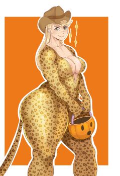 absurdres animal_print applejack blonde_hair breasts cleavage costume freckles halloween hasbro highres holidays ignotoz leopard_print looking_at_viewer my_little_pony my_little_pony:_friendship_is_magic personification thick_thighs thighs