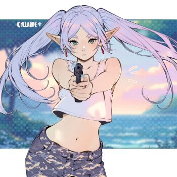 1girl absurdres aiming aiming_at_viewer camouflage camouflage_pants commentary elf english_commentary frieren green_eyes gun highres holding holding_gun holding_weapon long_hair looking_at_viewer midriff navel pants pointy_ears sousou_no_frieren tank_top thick_eyebrows twintails weapon white_hair white_tank_top yiiande