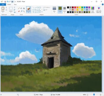 art_program_in_frame building bush christian_young cloud cloudy_sky commentary doorway grass landscape microsoft_paint_(medium) microsoft_paint_(software) no_humans original outdoors painterly plain scenery screencap sky