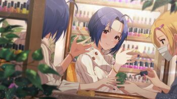 2girls ahoge applying_manicure blonde_hair blue_hair blurry blurry_foreground blush bracelet closed_mouth commentary_request cosmetics fingernails game_cg idolmaster idolmaster_(classic) idolmaster_million_live! idolmaster_million_live!_theater_days indoors jewelry looking_at_viewer mirror miura_azusa multiple_girls nail_polish official_art purple_eyes purple_nails short_hair smile third-party_source