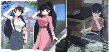 absurdres adjusting_clothes adjusting_headwear arato_nagi bag belt black_belt black_eyes black_hair blue_overalls blue_sky book bracelet briefcase brown_hat brown_shirt building carrying casual chair closed_mouth cloud cloudy_sky collared_dress commentary computer cropped_legs dated denim desk desk_lamp dress earrings eraser frown grey_pants hair_up hand_on_own_chin handbag hat highres hitempo holding holding_book hoop_earrings indoors jeans jewelry lamp laptop medium_dress multiple_views necklace newsboy_cap office office_chair open_mouth outdoors overalls pants paper partially_unbuttoned pen pink_dress ponytail reading ribbed_shirt ruri_no_houseki shirt short_sleeves sitting sky smile standing swivel_chair table white_shirt wing_collar