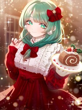 1girl alternate_costume bow cake christmas commentary_request dress food fork front_ponytail green_eyes green_hair highres holding holding_fork holding_plate kageharu kagiyama_hina looking_at_viewer plate red_bow red_dress smile solo touhou