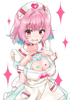 1girl ahoge apron aqua_dress aqua_hair arrow_(symbol) blue_hair blush breasts choker cleavage cleavage_cutout clothing_cutout commentary_request dress fang female_focus fingers_together frilled_dress frills hair_intakes hands_up hat heart heart_cutout heart_on_chest highres idolmaster idolmaster_cinderella_girls index_fingers_together large_breasts looking_at_viewer minikon multicolored_hair nurse_cap open_mouth pink_choker pink_hair red_eyes short_sleeves simple_background solo sparkle tears twiddling_fingers twitter two-tone_hair upper_body white_apron white_background wrist_cuffs yumemi_riamu
