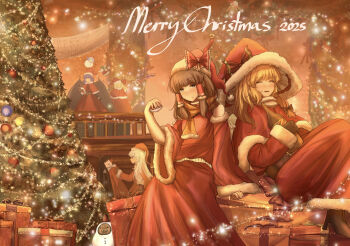 6+girls absurdres alternate_costume ascot bat_wings blonde_hair blue_hair blush bow brown_eyes brown_hair capelet christmas christmas_tree cirno closed_eyes commentary crystal crystal_wings cup daiyousei detached_sleeves dress drunk english_commentary fairy fairy_wings fighting flandre_scarlet frilled_bow frilled_hair_tubes frills fujiwara_no_mokou fur-trimmed_capelet fur-trimmed_headwear fur-trimmed_sleeves fur_trim green_hair grey_hair hair_bow hair_tubes hakurei_reimu hat hat_bow highres holding holding_cup houraisan_kaguya kirisame_marisa long_hair merry_christmas multicolored_wings multiple_girls purple_hair red_bow red_capelet red_dress red_hat red_skirt remilia_scarlet santa_costume santa_dress siblings sisters sitting skirt skirt_set there2007 touhou very_long_hair wings witch_hat yellow_ascot