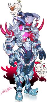1boy absurdres angel armor black_bodysuit bodysuit broken_horn cheri_zao full_body highres horns male_focus mini_person monster original shoulder_spikes signature simple_background solo_focus spikes white_armor white_background