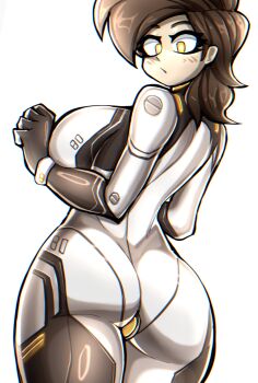 absurdres ass bodysuit breasts brown_hair from_behind hado_(zzzhadozzz) highres kyurby_(hado_(zzzhadozzz)) looking_back mecha_pilot_suit neon_genesis_evangelion original plugsuit_(evangelion) short_hair sideboob simple_background tagme white_background white_bodysuit