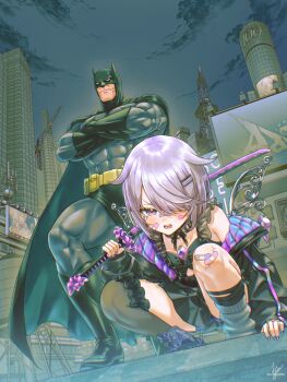 1boy 1girl absurdres anversailles bandaid bandaid_on_face bandaid_on_nose bare_shoulders batman batman_(series) black_boots black_cape black_dress black_jacket black_mask bodysuit boots cape chest_jewel crossover dc_comics dress grey_bodysuit hair_over_one_eye highres holding holding_sword holding_weapon hololive hololive_english jacket katana koseki_bijou koseki_bijou_(casual) night off_shoulder official_alternate_costume outdoors purple_eyes purple_hair squatting superhero_costume sword virtual_youtuber weapon