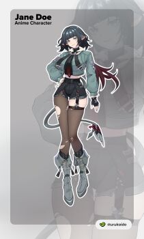 Rule 34 | 1girl, 2025, absurdres, animal ears, artist name, black hair, black shorts, boots, brown pantyhose, brown thighhighs, coat, commentary, ear piercing, english commentary, fingernails, full body, gradient hair, grey boots, grey coat, hand on own hip, high heel boots, high heels, highres, jane doe (zenless zone zero), long hair, mechanical tail, mouse ears, mouse girl, mouse tail, multicolored hair, nail polish, outline, pantyhose, piercing, prehensile tail, red hair, red nails, shorts, single leg pantyhose, single thighhigh, skindentation, sleeveless, tail, thighhighs, torn clothes, torn pantyhose, torn thighhighs, two-tone hair, urukaid, zenless zone zero, zoom layer