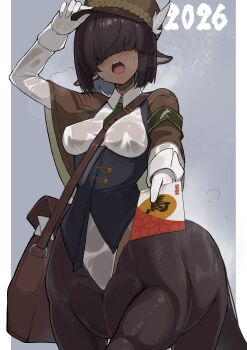 1girl 2026 animal_ears arm_up armband bag bell_orgel black_armband black_corset blunt_bangs blush breasts brown_capelet brown_hair brown_hat capelet centaur chinese_zodiac collared_shirt commentary corset cowboy_shot diagonal_bangs gloves hair_between_eyes hair_over_eyes hat highres holding horse_ears horse_tail long_sleeves medium_breasts monster_girl multiple_legs open_mouth original postcard shirt short_hair shoulder_bag sidelocks solo standing standing_on_three_legs sweat tail taur teeth upper_teeth_only wet wet_clothes wet_shirt white_gloves white_shirt year_of_the_horse