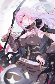 1girl absurdres black_cape black_dress black_tiara blurry blurry_foreground blush breasts cape cleavage death-sensei_(mori_calliope) depth_of_field detached_sleeves dress happy_new_year highres holding holding_scythe hololive hololive_english jewelry kamiya_maneki large_breasts long_hair looking_at_viewer mori_calliope mori_calliope_(1st_costume) new_year pink_eyes pink_hair red_eyes scythe shoulder_spikes single_detached_sleeve smile solo spiked_cape spikes tiara veil virtual_youtuber