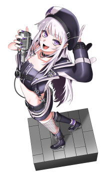 Rule 34 | 1girl, belt, belt buckle, beret, black belt, black boots, black choker, black hat, black jacket, black skirt, boots, buckle, butterfly ornament, choker, commentary request, cropped jacket, ear piercing, fingernails, from above, full body, gloves, hat, high heel boots, high heels, highres, holding, holding microphone, itsumeee3, jacket, long hair, looking at viewer, microphone, midriff, miniskirt, mole, mole under eye, multiple moles, music, nail polish, open mouth, piercing, purple eyes, purple hair, purple nails, rk music, simple background, singing, single glove, single sleeve, skirt, smile, solo, standing, virtual youtuber, white background, white gloves, wispy bangs, xiden