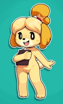 2025 absurdres animal_crossing anus ass barefoot bell blush breasts clipboard covering_breasts covering_privates dog feet furry furry_female gato_del_futuro hair_ornament highres isabelle_(animal_crossing) jingle_bell looking_at_viewer nintendo nude pussy shih_tzu yellow_fur