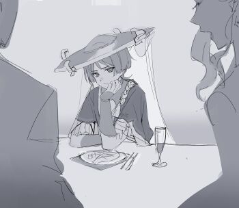 1boy 1girl arm_rest armor blunt_ends bodysuit closed_mouth cnorkie cup curly_sidelocks elbow_rest food fork frilled_sleeves frills genshin_impact glass grey_background greyscale hand_up hat highres japanese_armor japanese_clothes jewelry jingasa kimono kote layered_sleeves looking_at_another looking_at_viewer meat monochrome napkin neck_ring open_mouth plate rope scaramouche_(genshin_impact) shimenawa short_sleeves sitting table_knife tsurime veil wispy_bangs