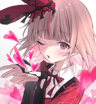 1girl black_bow black_gloves blowing_kiss blunt_bangs blush bob_cut bow bowtie center_frills clothing_cutout collar colored_inner_hair dress elbow_gloves fang fingerless_gloves floating_hair frills glove_cutout gloves grey_hair hands_up harui_(hr_x9_) hat hat_bow heart heart_cutout highres idol_clothes layered_dress looking_at_viewer makaino_ririmu medium_hair mini_hat multicolored_hair nijisanji official_alternate_costume official_alternate_hairstyle one_eye_closed parted_lips pink_hair plaid_clothes plaid_dress plaid_sleeves pointy_ears portrait puffy_short_sleeves puffy_sleeves rabbit_ear_headwear red_bow red_bowtie red_dress red_eyes red_sleeves short_sleeves shoulder_strap simple_background skin_fang solo streaked_hair virtual_youtuber white_background white_collar