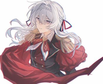 1girl black_dress braid buttons cape closed_mouth double-breasted dress epaulettes firefly_(honkai:_star_rail) firefly_(vision)_(honkai:_star_rail) floating_hair grey_hair hair_between_eyes hair_intakes hair_ribbon honkai:_star_rail honkai_(series) kosmos5896 long_hair looking_at_viewer official_alternate_costume purple_eyes red_cape red_dress ribbon simple_background smile solo two-tone_dress upper_body white_background