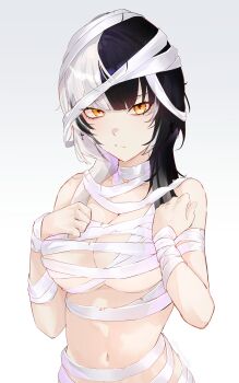 1girl absurdres bandaged_chest bandaged_head bandages black_hair breasts closed_mouth halloween_costume highres hololive hololive_english kurochanai large_breasts long_hair looking_at_viewer multicolored_hair mummy_costume naked_bandage navel shiori_novella simple_background solo split-color_hair two-tone_hair virtual_youtuber white_background white_hair yellow_eyes
