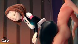 1boy 1girl 3d animated artist_name ass ass_press black_bodysuit bodysuit boku_no_hero_academia breasts brown_eyes brown_hair clothed_female_nude_male curvy highres huge_ass jiggle large_breasts looking_at_another looking_back naughty_face nude penis short_hair skin_tight smile sound tagme thick_thighs thigh_sex thighs uraraka_ochako uraraka_ochako_(hero_outfit) video zpr3d