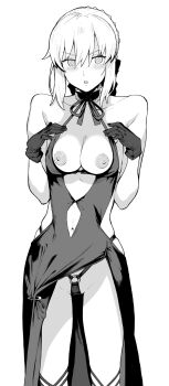 1girl absurdres artoria_pendragon_(fate) bad_id bad_twitter_id black_dress blush braid breasts breasts_out choker clothing_cutout daftbonkers dress fate/grand_order fate_(series) female_focus gloves greyscale highres monochrome navel navel_cutout open_mouth saber_alter saber_alter_(swimsuit_rider)_(third_ascension) simple_background skirt_aside solo underwear white_background