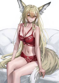 1girl absurdres alternate_costume animal_ear_fluff animal_ears arknights bare_arms bare_shoulders blonde_hair blush bra breasts closed_mouth commentary fox_ears fox_girl fox_tail hair_between_eyes highres khione_(yukhione) long_hair looking_at_viewer navel orange_eyes panties red_bra red_panties scar scar_on_face sidelocks sitting smile solo stomach tail underwear underwear_only vulpisfoglia_(arknights)