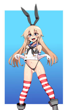 1girl :d absurdres anchor_hair_ornament animal_ear_hairband bare_shoulders black_hairband black_neckerchief black_panties black_ribbon blonde_hair blue_background blue_eyes blue_sailor_collar blush body_blush boots border breasts buttons cleft_of_venus commentary_request cropped_shirt crotch double-breasted double-parted_bangs elbow_gloves eyes_visible_through_hair feet_out_of_frame female_focus floating_hair frontal_wedgie gloves gluteal_fold gradient_background grey_boots hair_between_eyes hair_ornament hair_ribbon hairband hands_up highleg highleg_panties highres inset_border kantai_collection legs legs_apart loli long_hair looking_at_viewer mengnaidu midriff navel neckerchief no_pants open_mouth outside_border panties partial_commentary rabbit_ear_hairband rabbit_ears red_thighhighs ribbon sailor_collar sailor_shirt shimakaze_(kancolle) shiny_skin shirt sidelocks simple_background sleeveless sleeveless_shirt small_breasts smile solo standing stomach string_panties striped_clothes striped_thighhighs tareme teasing teeth textless_version thighhighs thighs thong two-tone_thighhighs underwear upper_teeth_only very_long_hair wedgie white_border white_gloves white_shirt white_thighhighs