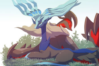 alternate_form antlers back-to-back black_skin blue_eyes blue_fur closed_eyes colored_skin commentary_request gen_6_pokemon grass horns ingoguma legendary_pokemon lying nintendo no_humans pokemon pokemon_(creature) pokemon_focus red_skin tail talons tree wings xerneas yveltal