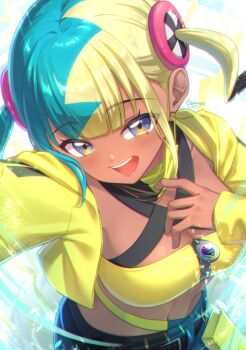 1girl :d aqua_hair black_hair blonde_hair canari_(pokemon) crop_top cropped_jacket dark-skinned_female dark_skin eyelashes jacket long_sleeves looking_at_viewer mask_pull mega_stone multicolored_hair nintendo open_clothes open_jacket open_mouth pokemon pokemon_legends:_z-a short_hair smile solo split-color_hair teeth upper_body upper_teeth_only wakame1441 yellow_jacket